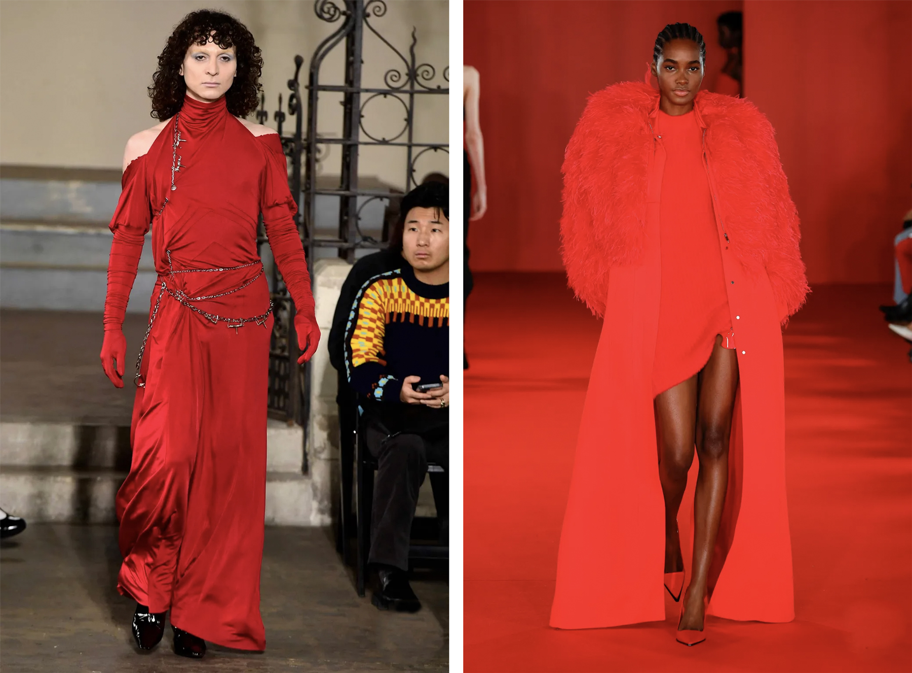 Some cult pieces from the FW23 London shows. On the left, a creation by Dilara Findikoglu; on the right, an ensemble by David Koma